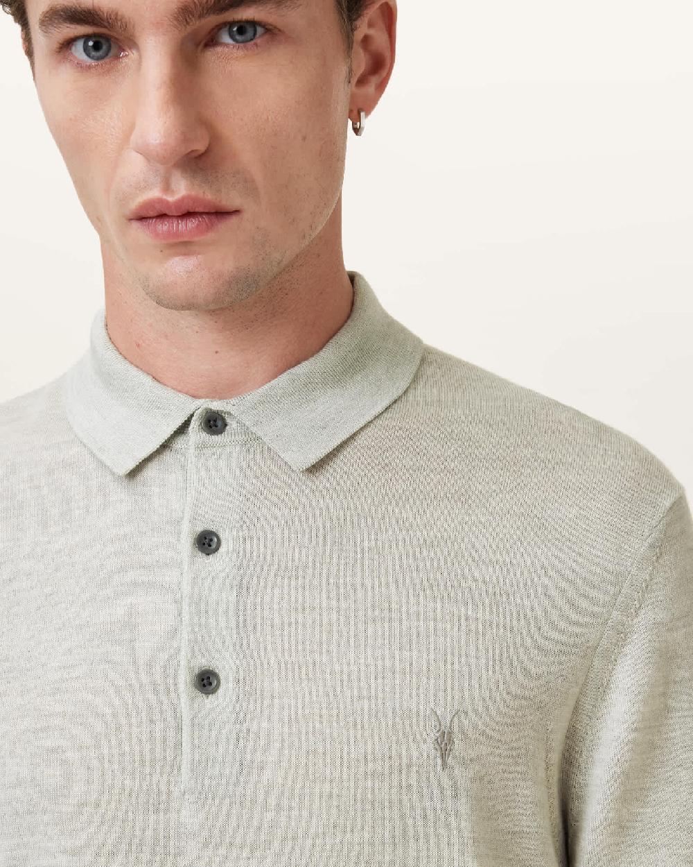 All Saints Mode Merino Short Sleeve Ramskull Polo Shirt Slate Green