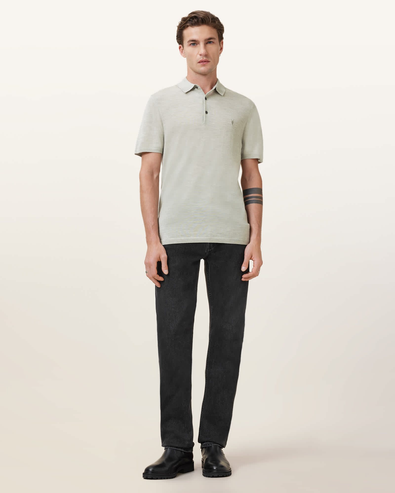 All Saints Mode Merino Short Sleeve Ramskull Polo Shirt Slate Green