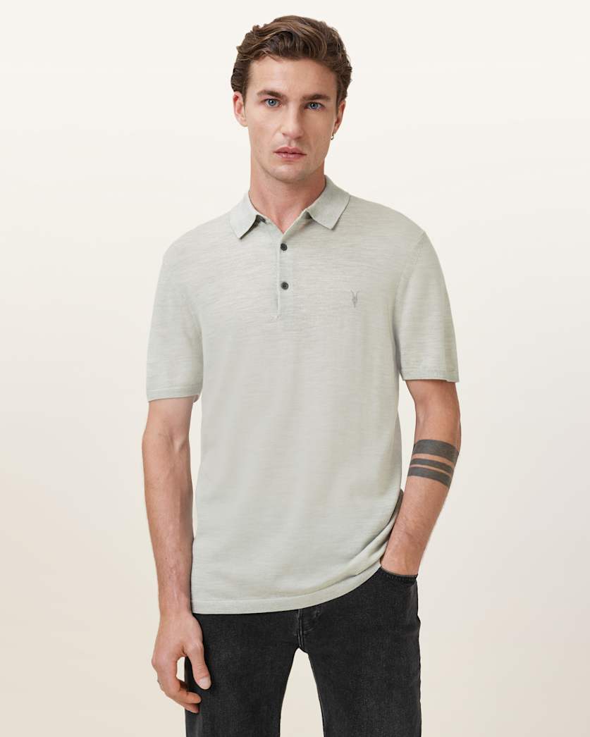 all saints Mode Merino Short Sleeve Ramskull Polo Shirt Slate Green