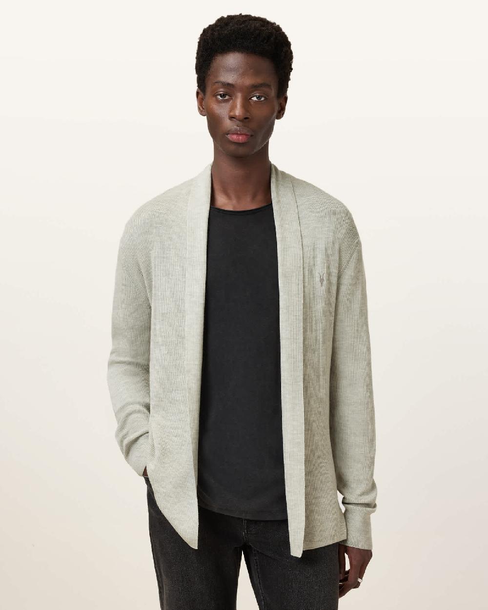 All Saints Mode Merino Wool Ramskull Open Cardigan Slate Green