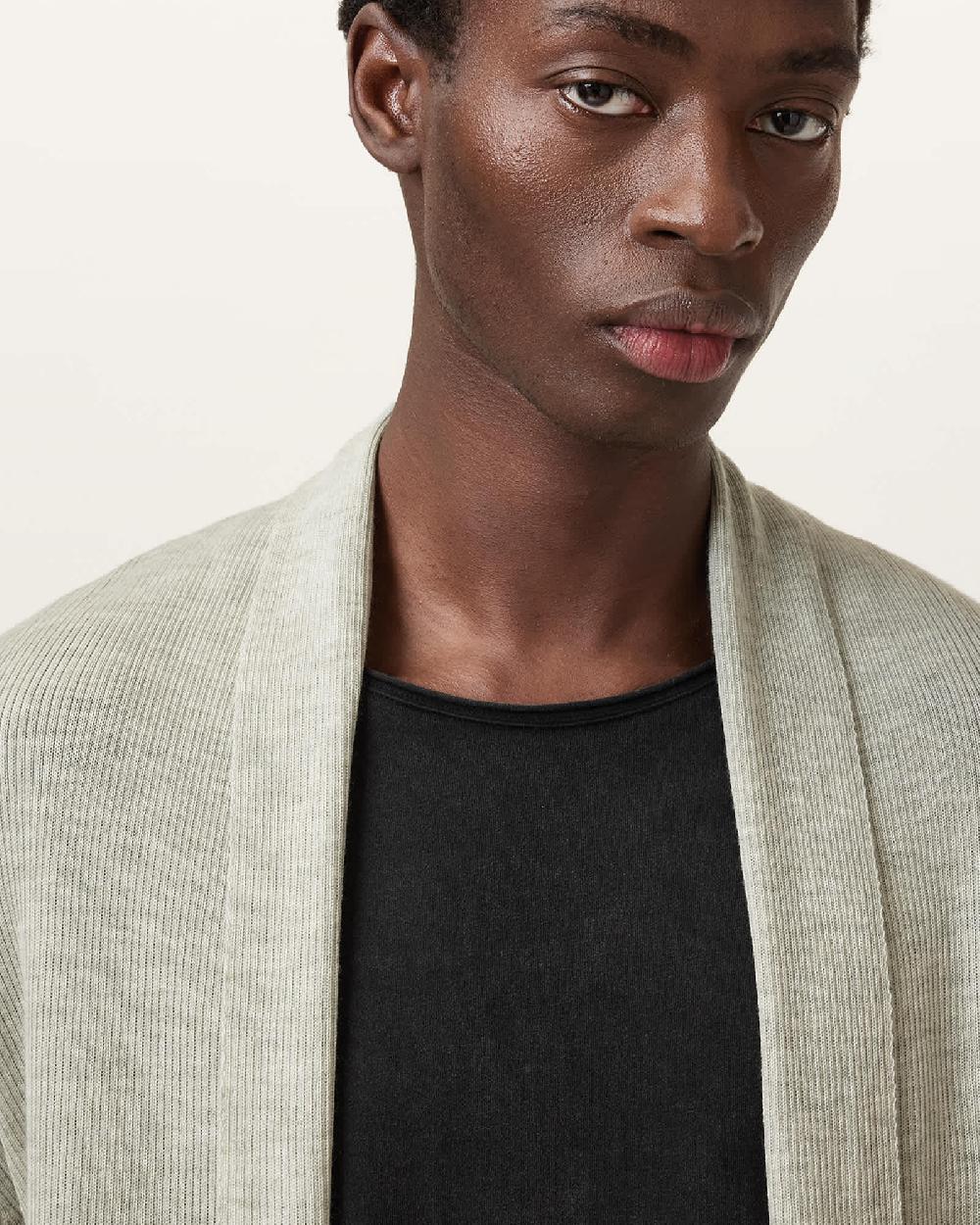 All Saints Mode Merino Wool Ramskull Open Cardigan Slate Green