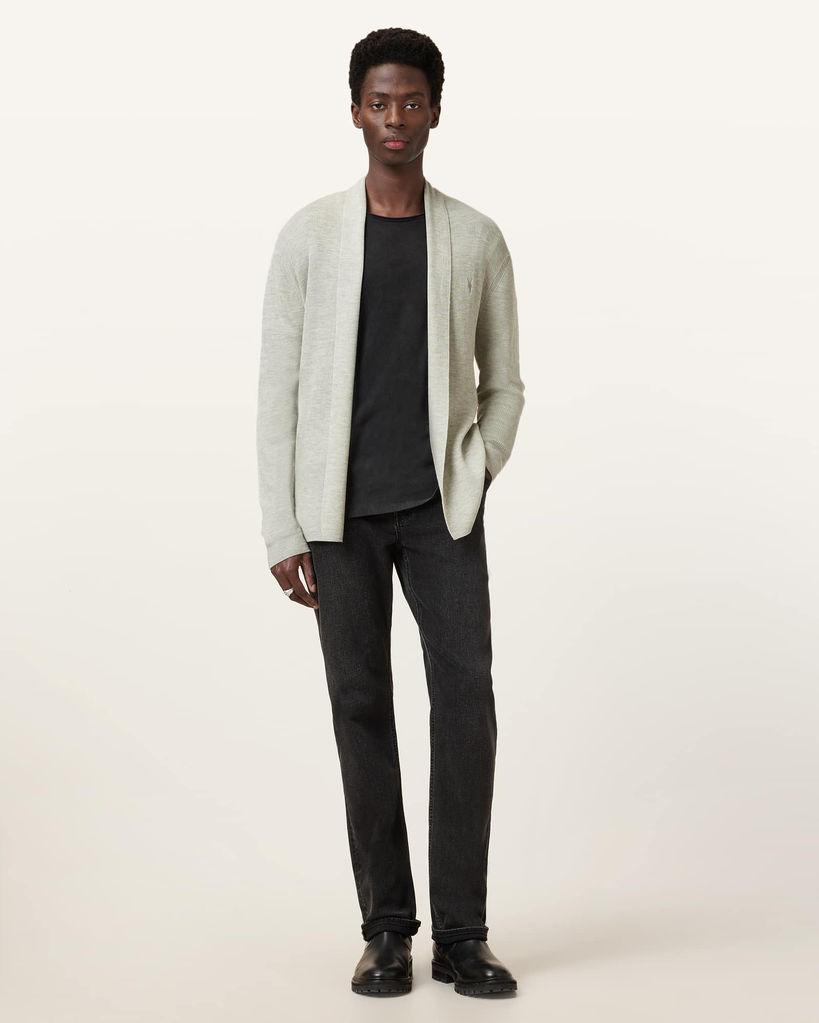 All Saints Mode Merino Wool Ramskull Open Cardigan Slate Green