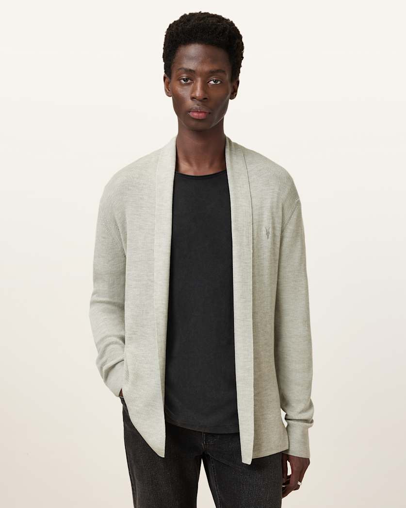 all saints Mode Merino Wool Ramskull Open Cardigan Slate Green