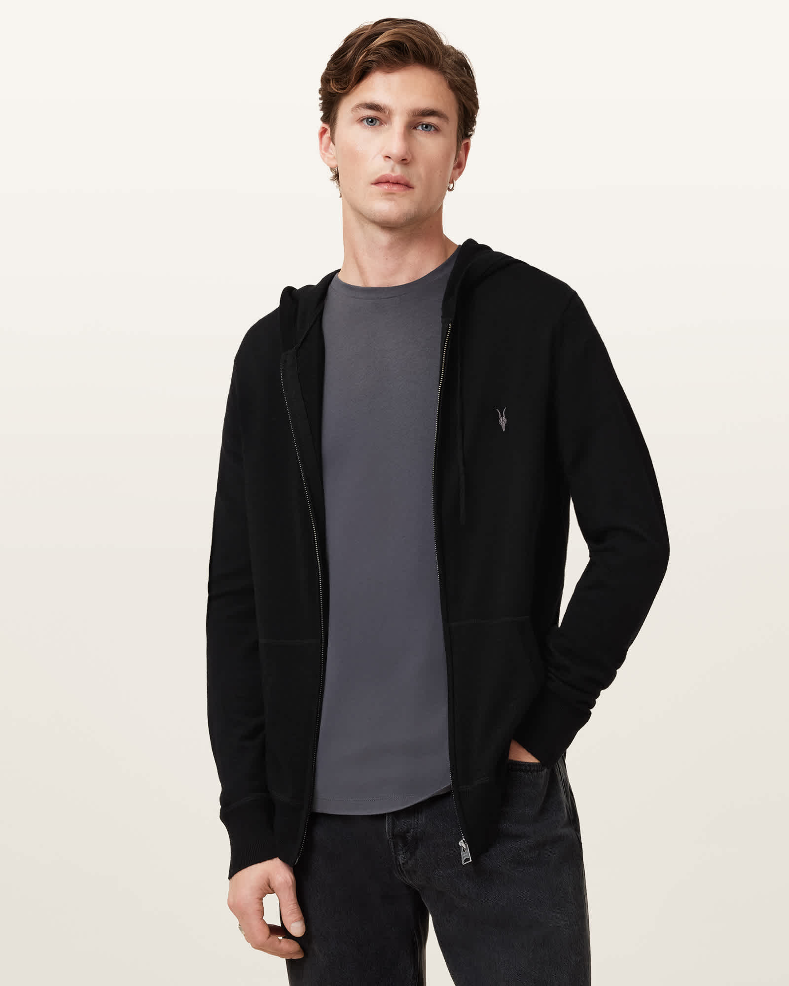 All Saints Mode Merino Zip Up Ramskull Hoodie Black