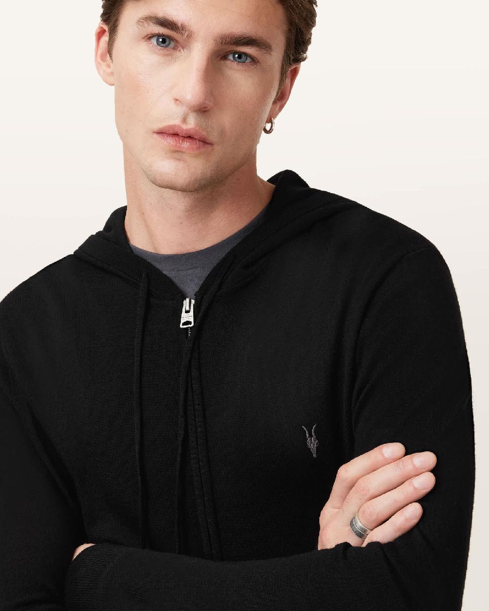 All Saints Mode Merino Zip Up Ramskull Hoodie Black
