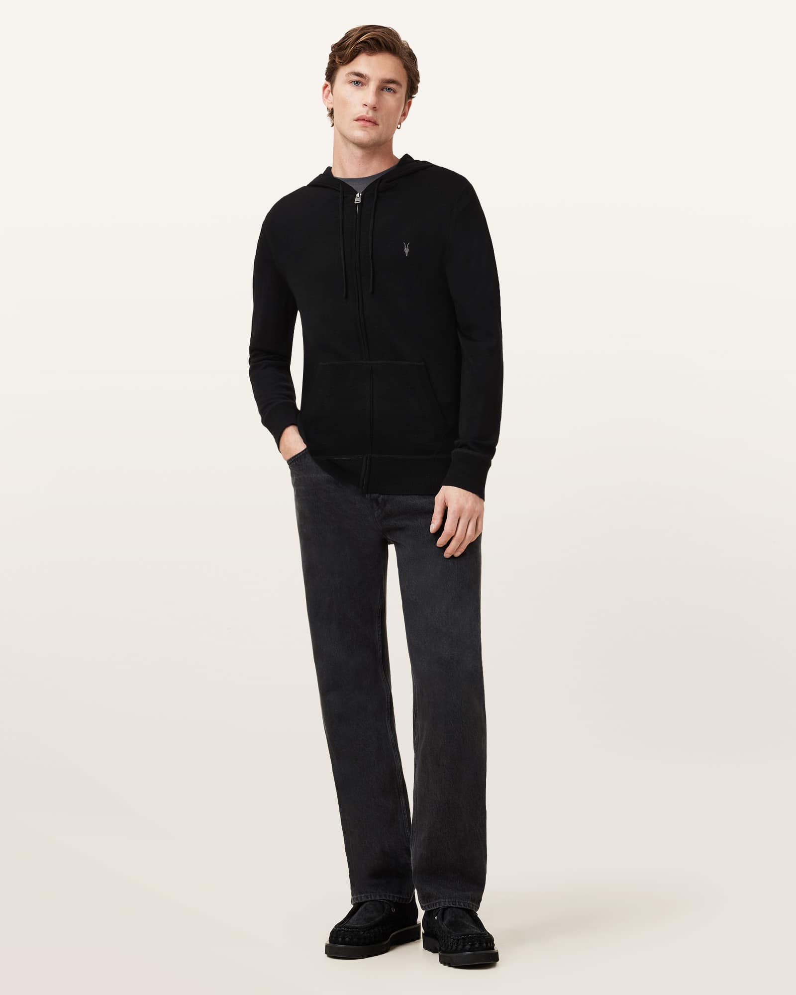 All Saints Mode Merino Zip Up Ramskull Hoodie Black