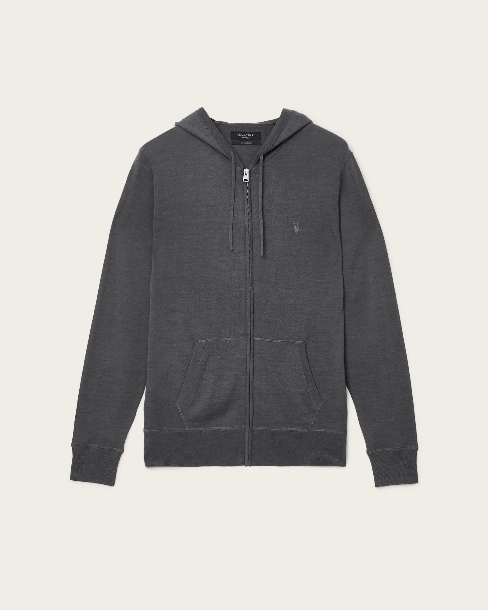 All Saints Mode Merino Zip Up Ramskull Hoodie Monument Gray