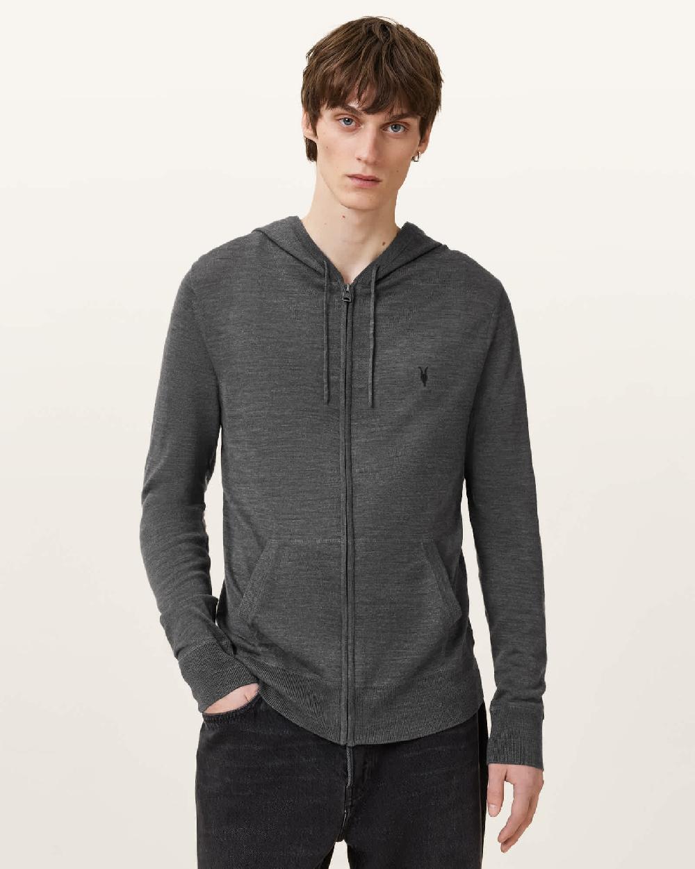 All Saints Mode Merino Zip Up Ramskull Hoodie Monument Gray