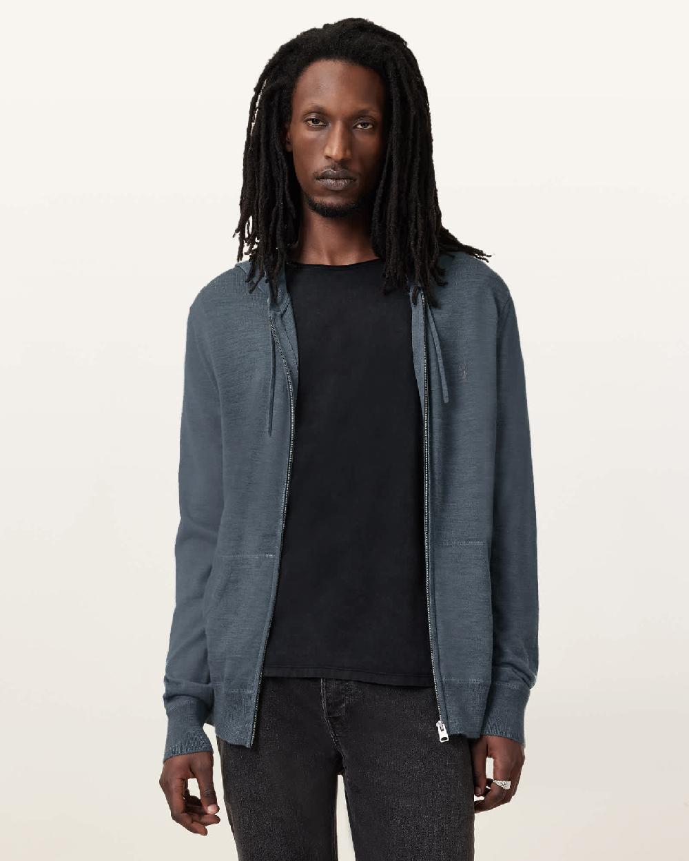 All Saints Mode Merino Zip Up Ramskull Hoodie Pitched Blue