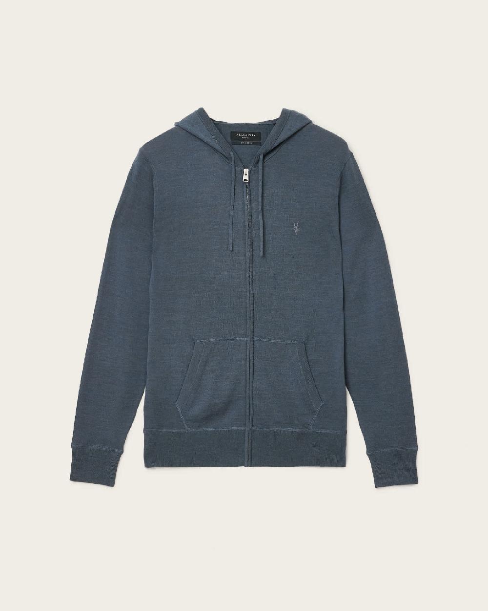 All Saints Mode Merino Zip Up Ramskull Hoodie Pitched Blue