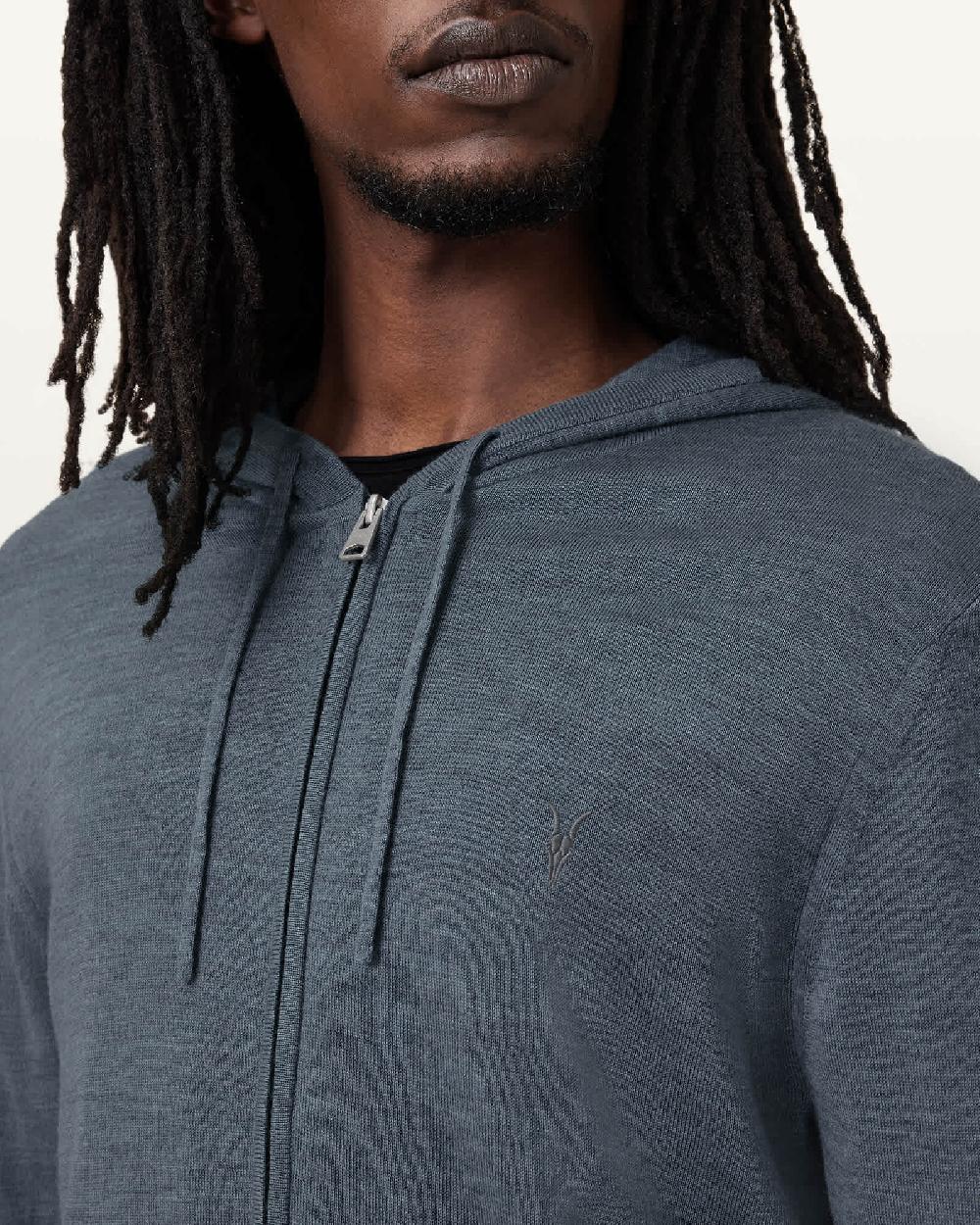 All Saints Mode Merino Zip Up Ramskull Hoodie Pitched Blue