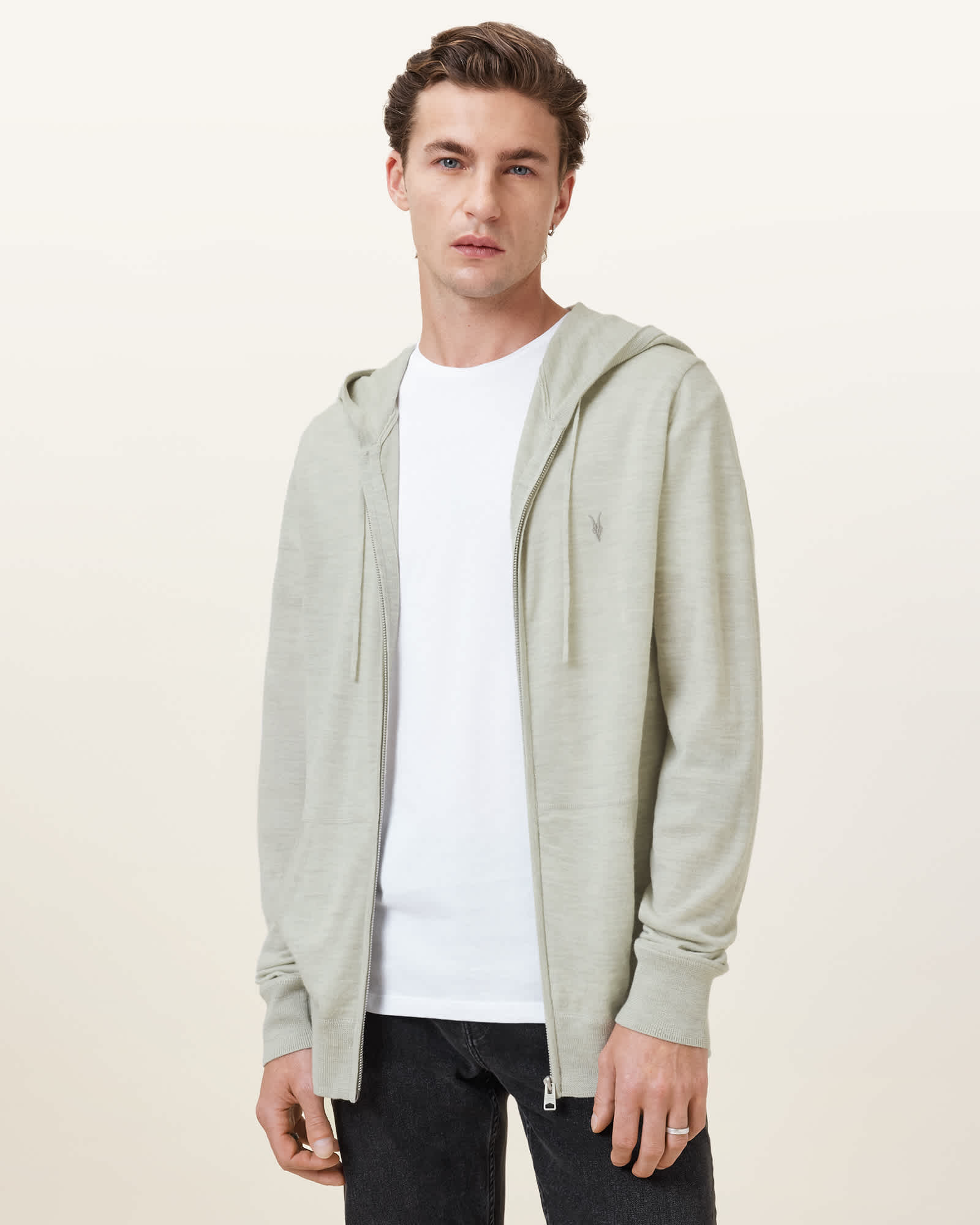 All Saints Mode Merino Zip Up Ramskull Hoodie Slate Green