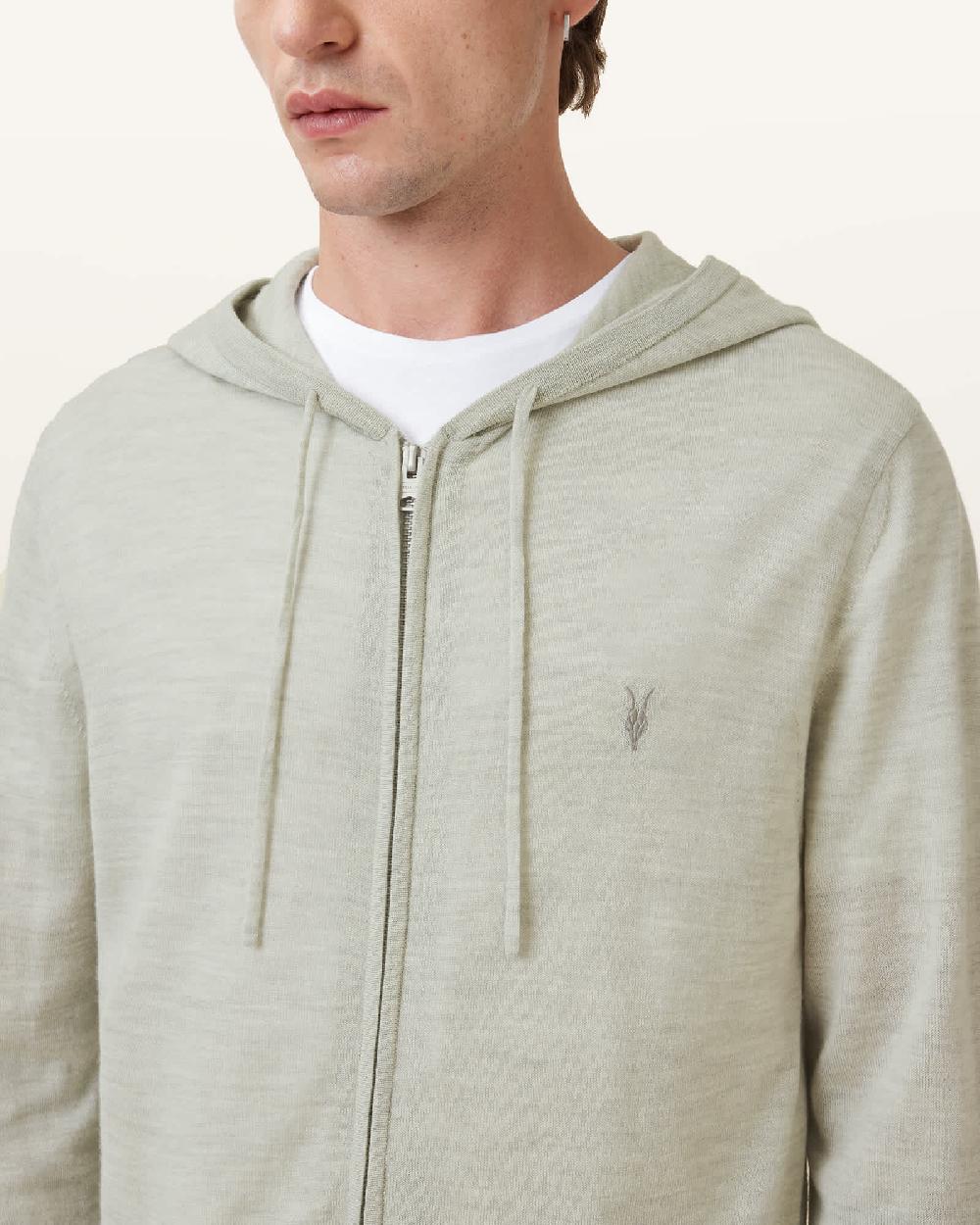All Saints Mode Merino Zip Up Ramskull Hoodie Slate Green