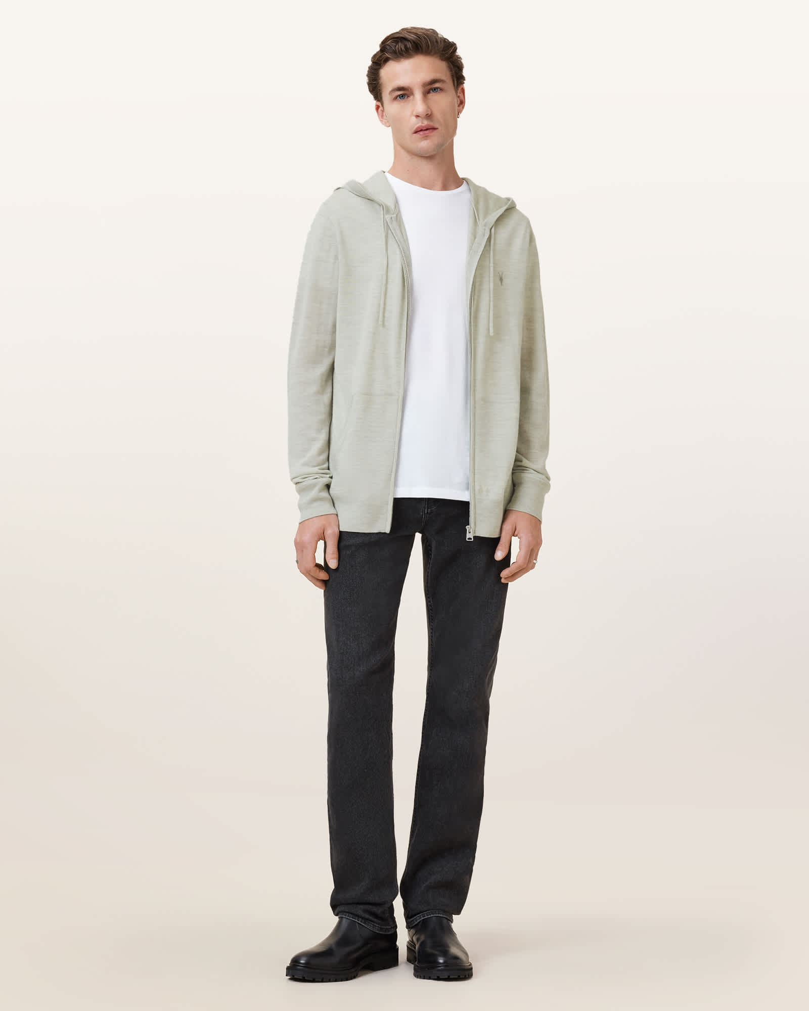 All Saints Mode Merino Zip Up Ramskull Hoodie Slate Green