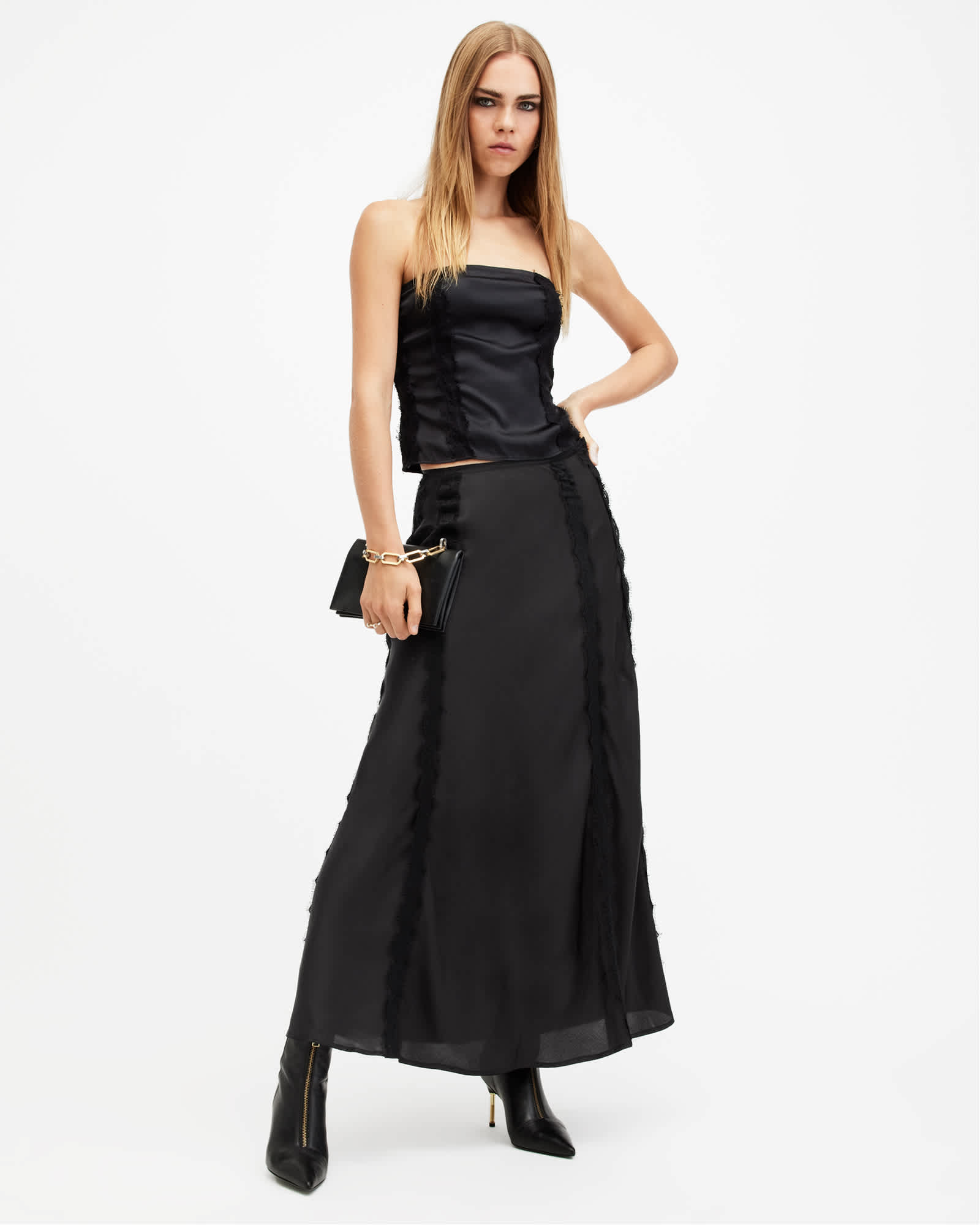 All Saints Morgan Satin Lace Panelled Maxi Skirt Black