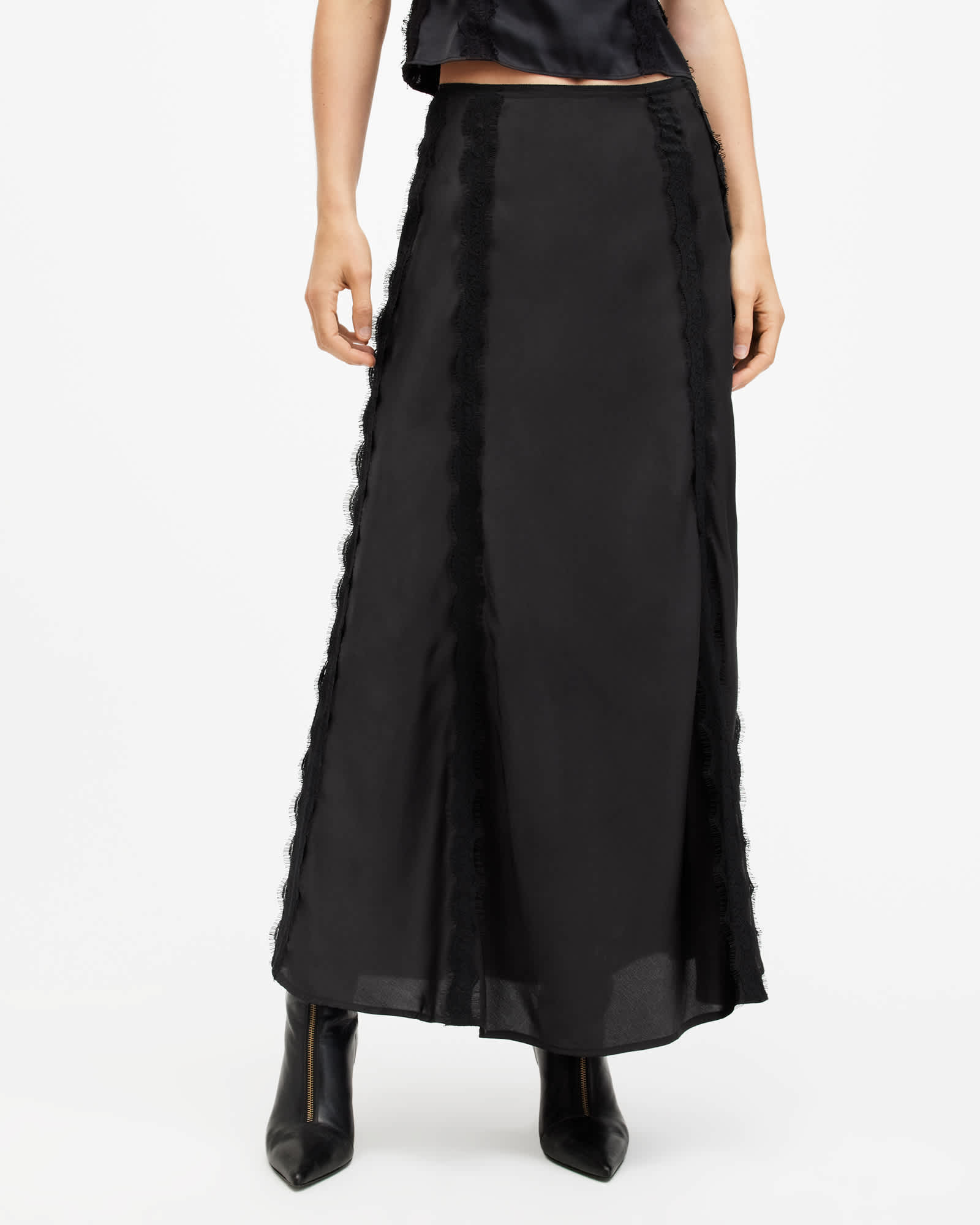 All Saints Morgan Satin Lace Panelled Maxi Skirt Black