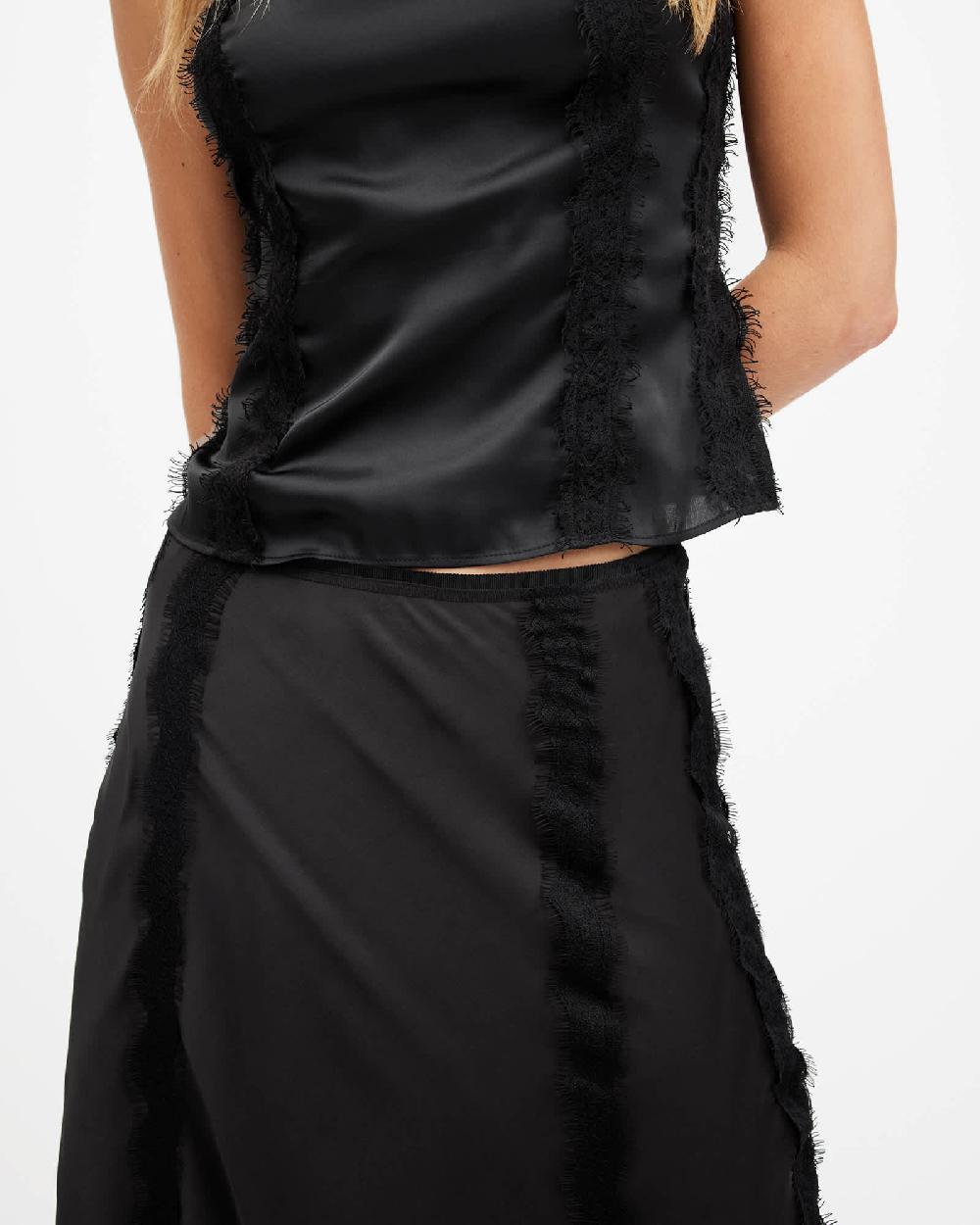 All Saints Morgan Satin Lace Panelled Maxi Skirt Black