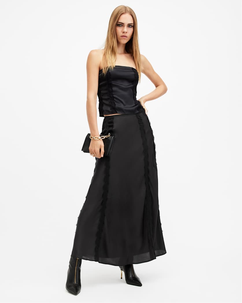all saints Morgan Satin Lace Panelled Maxi Skirt Black