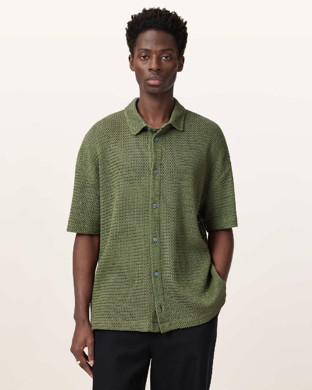 All Saints Munroe Short Sleeve Cotton Shirt Eden Green