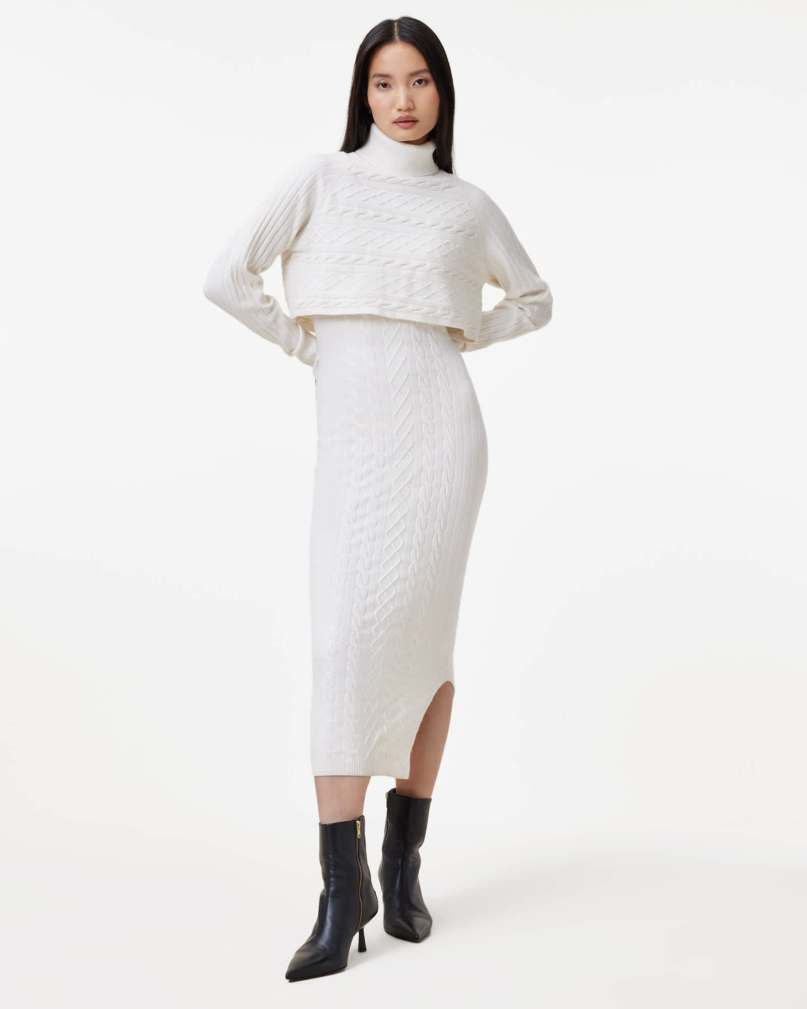 All Saints Muriel 2-In-1 Knitted Slim Midi Dress Cloud White