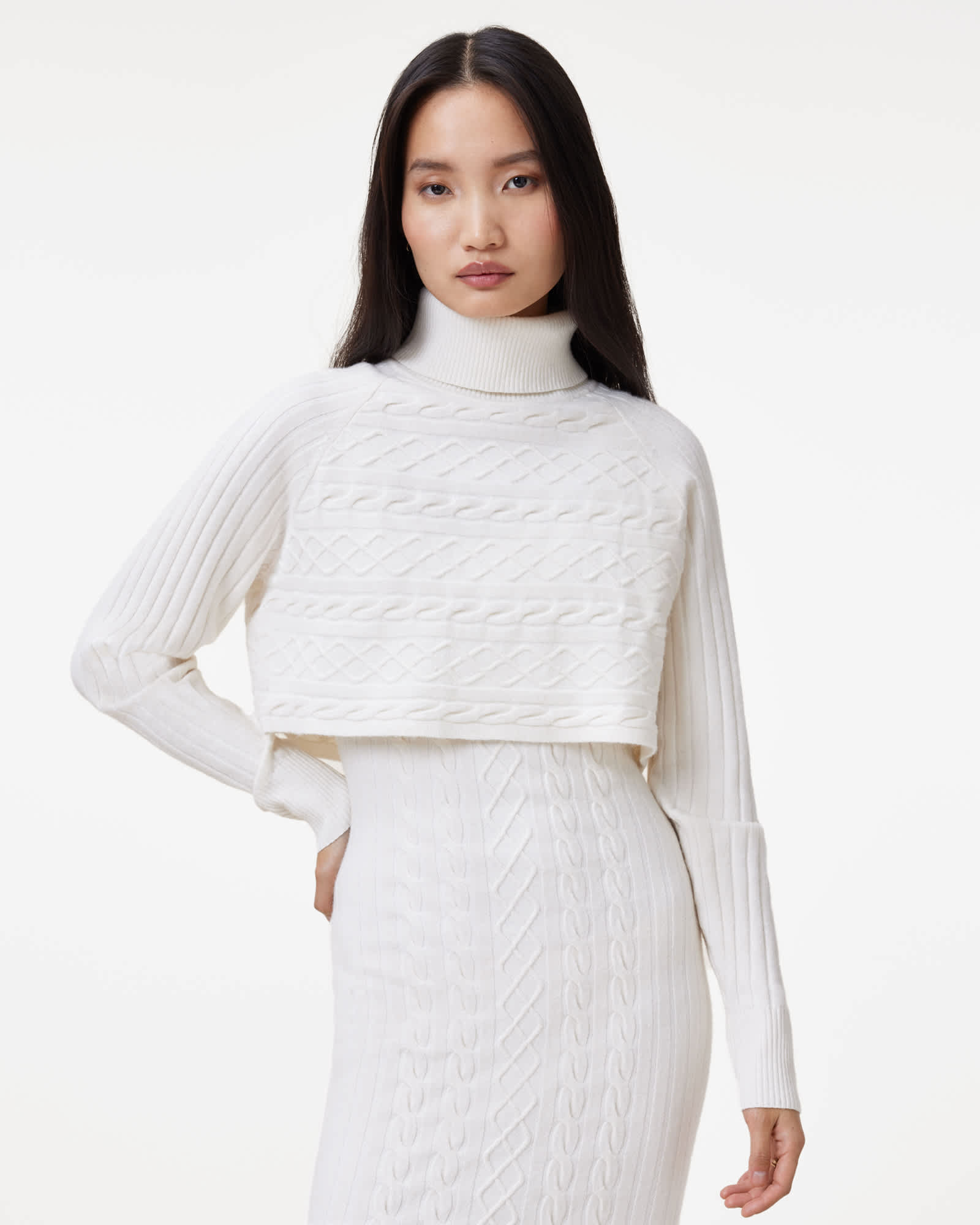 All Saints Muriel 2-In-1 Knitted Slim Midi Dress Cloud White