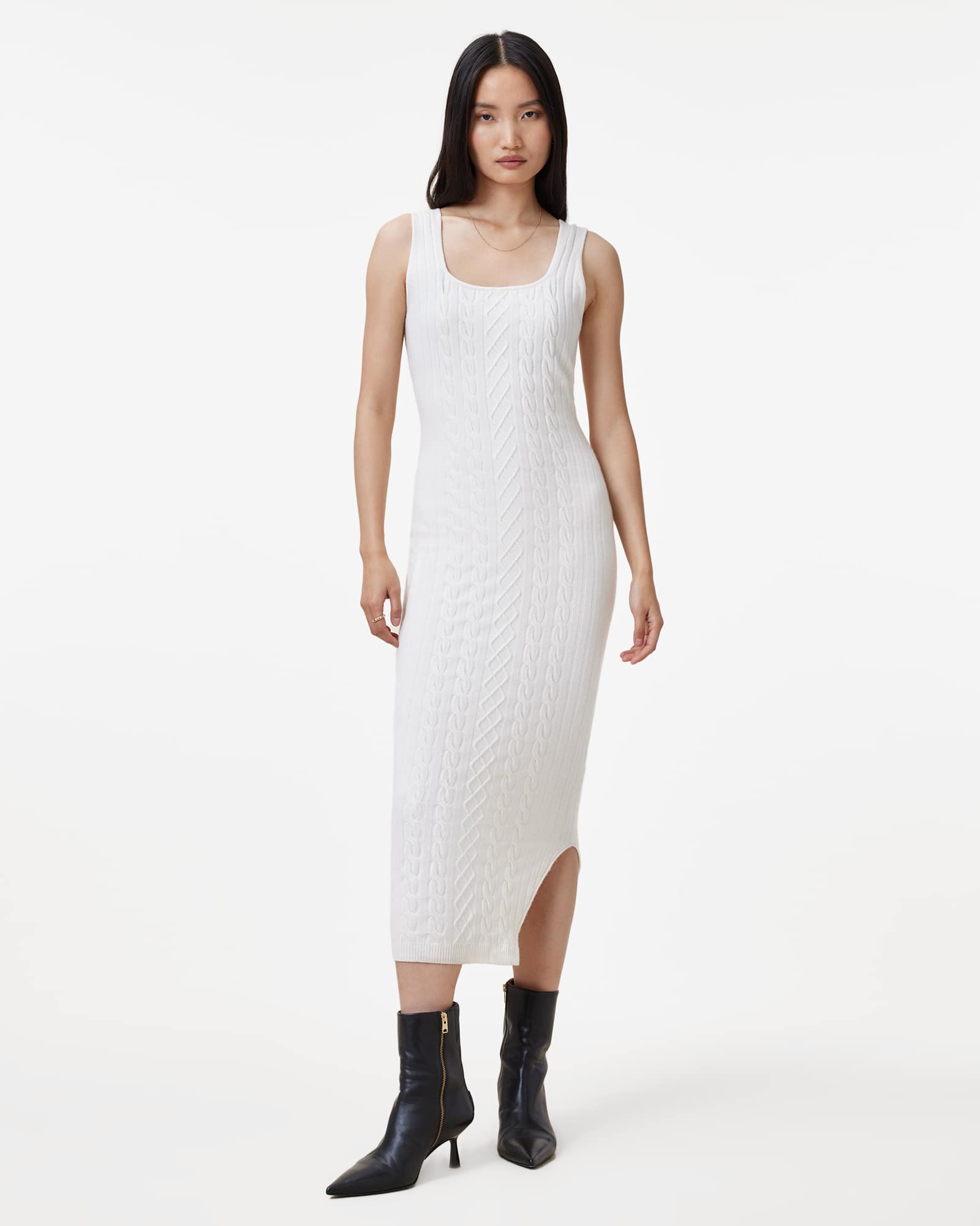 All Saints Muriel 2-In-1 Knitted Slim Midi Dress Cloud White
