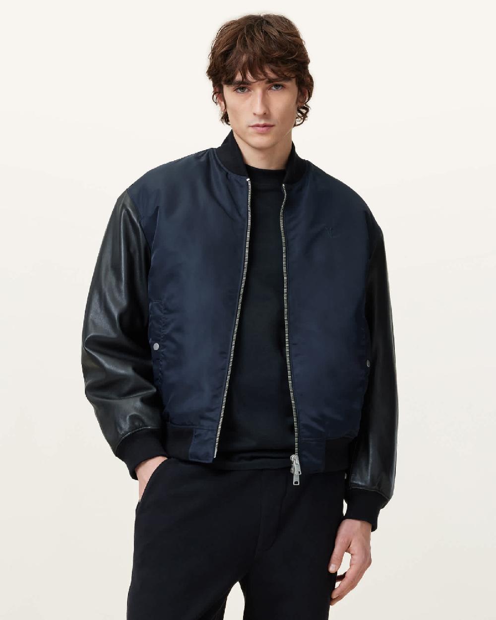 All Saints Myler Leather Sleeve Bomber BLACK/INK BLUE
