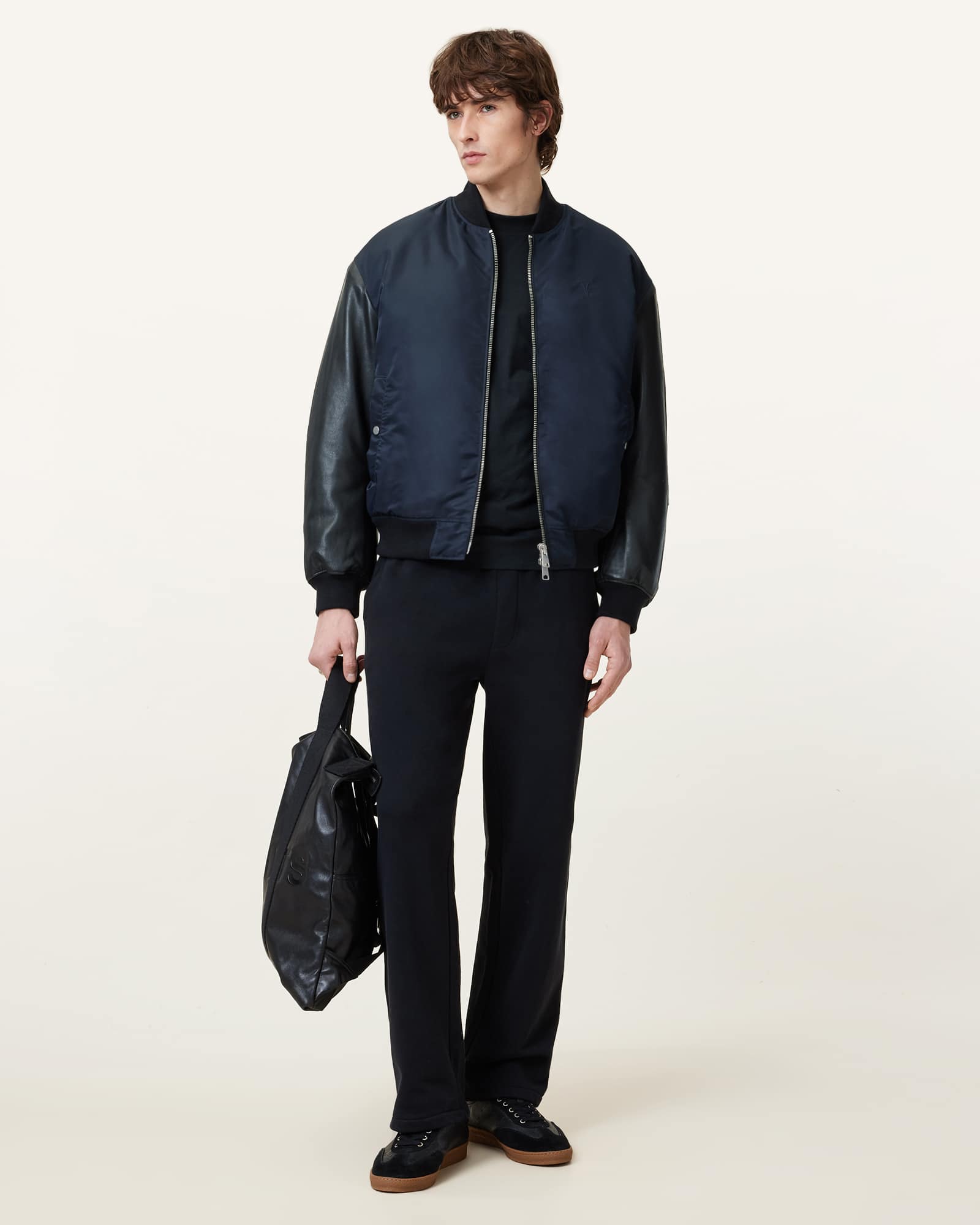 All Saints Myler Leather Sleeve Bomber BLACK/INK BLUE