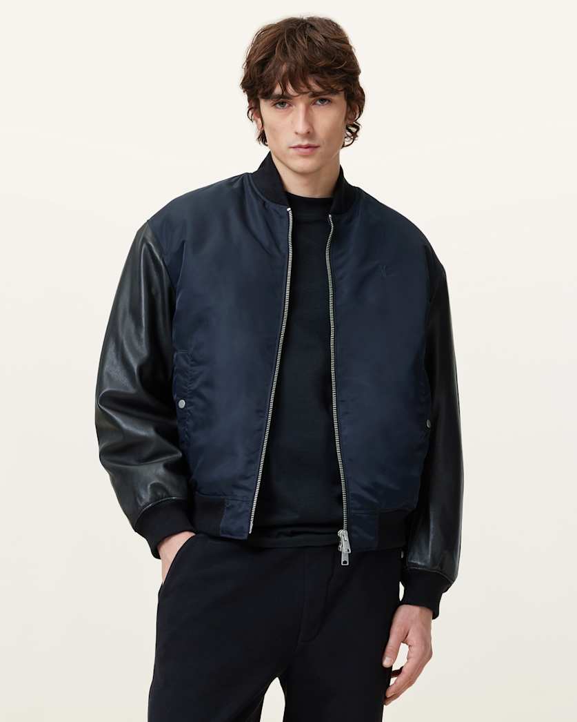 all saints Myler Leather Sleeve Bomber BLACK/INK BLUE