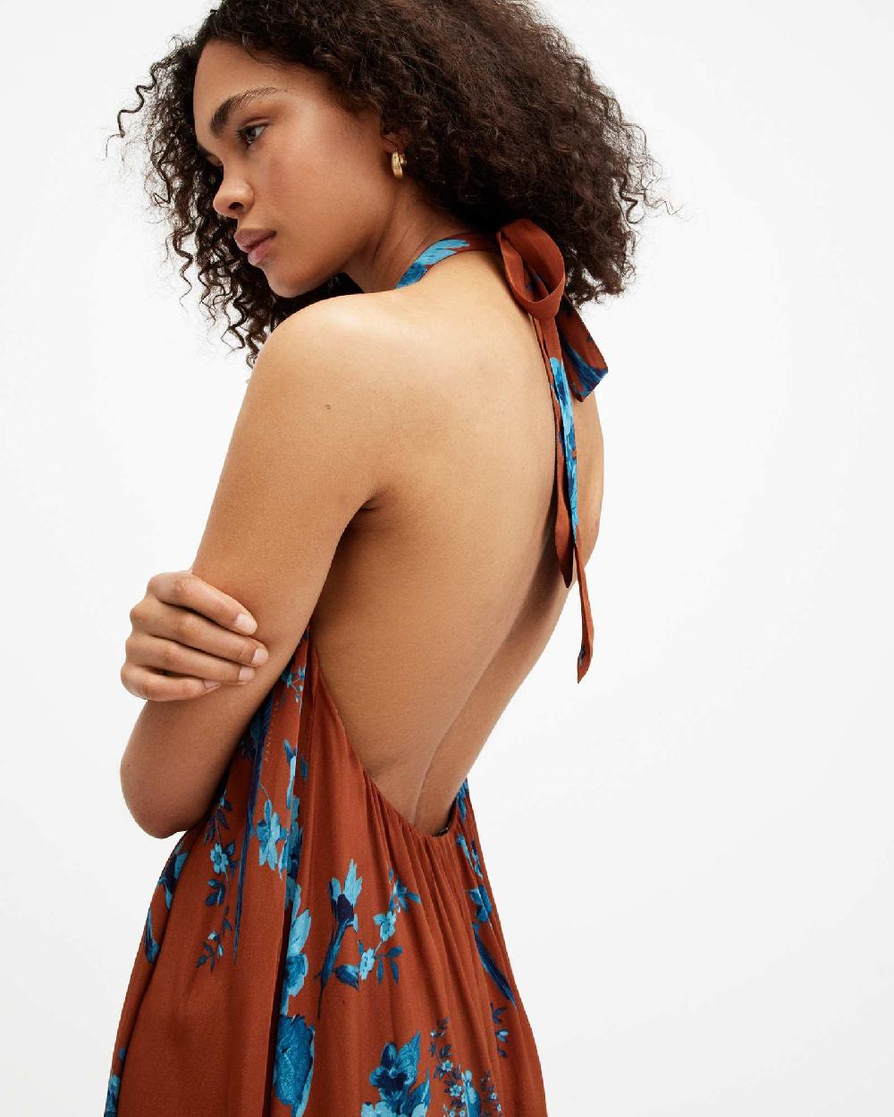 All Saints Mysti Halter Neck Floral Iona Maxi Dress Rust Red