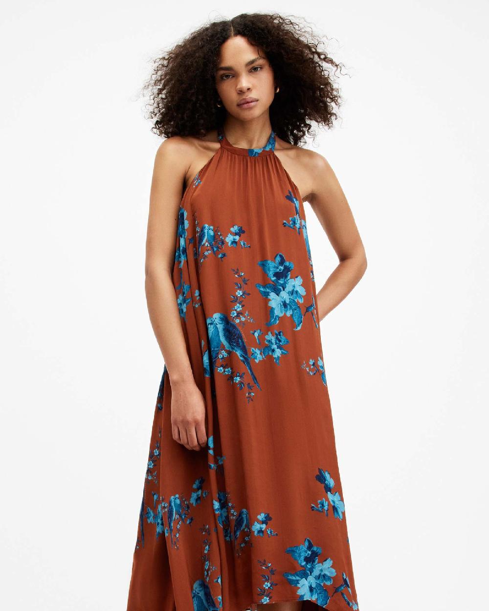 All Saints Mysti Halter Neck Floral Iona Maxi Dress Rust Red