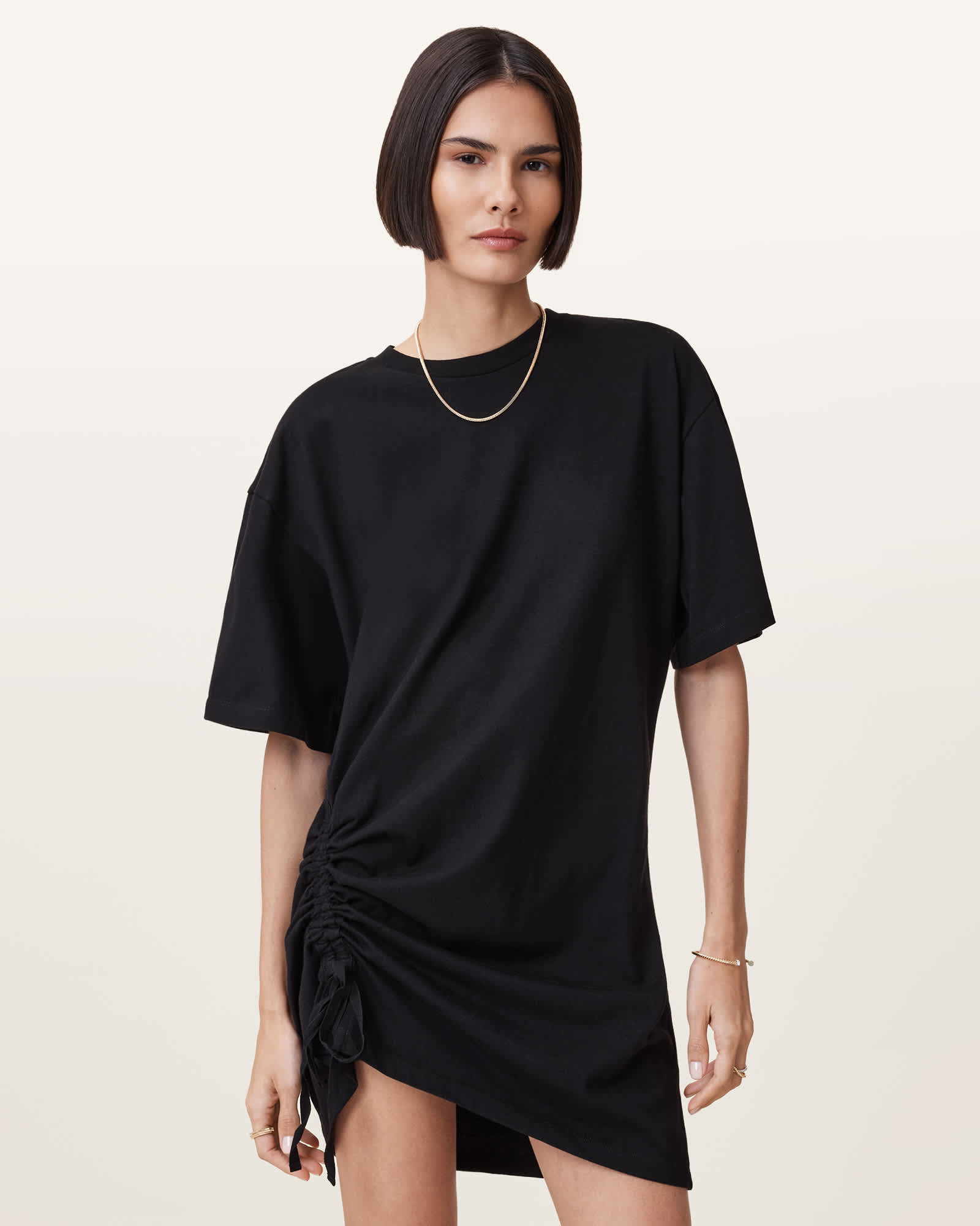 All Saints Naenia Drawcord Mini T-Shirt Dress Black
