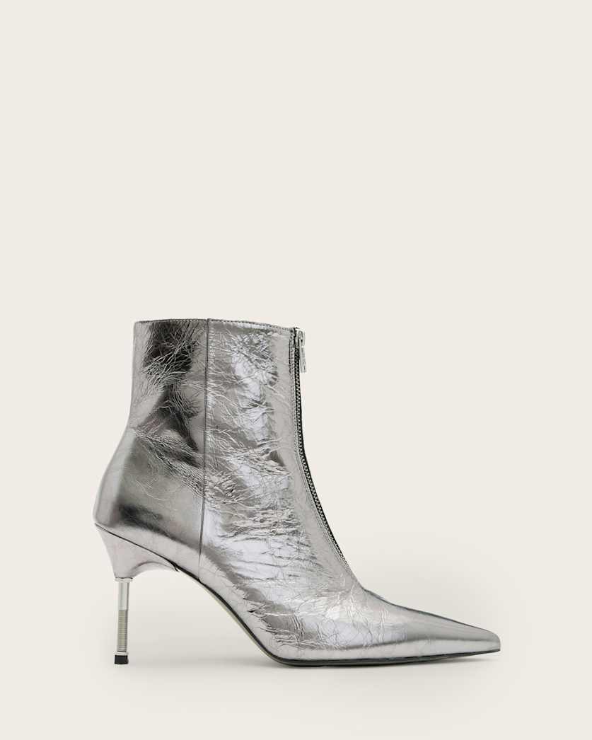 all saints Natasha Pointed Metallic Leather Boots Gunmetal Grey