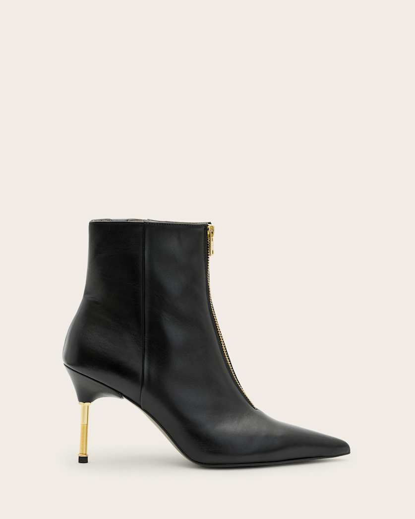 all saints Natasha Pointed Zip Up Leather Boots BLACK/WARM BRASS