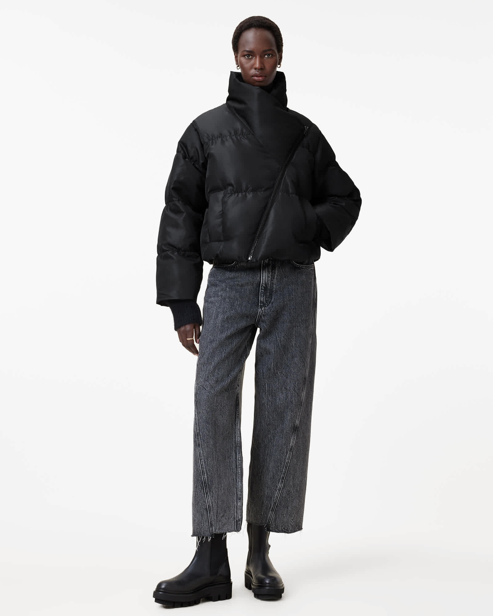 All Saints Nickol Asymmetric Cropped Puffer Jacket Black