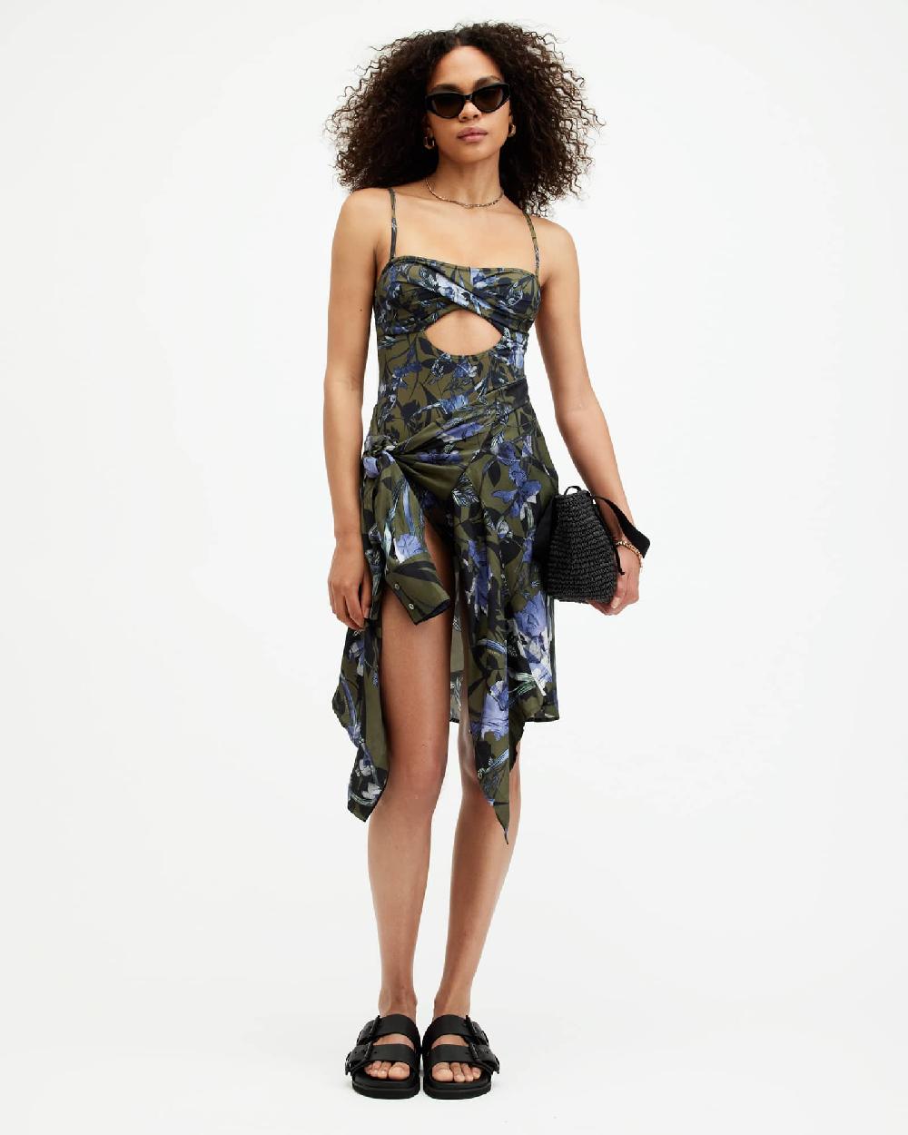 All Saints Niki Floral Bandeau Cut-Out Swimsuit Batu Khaki Green