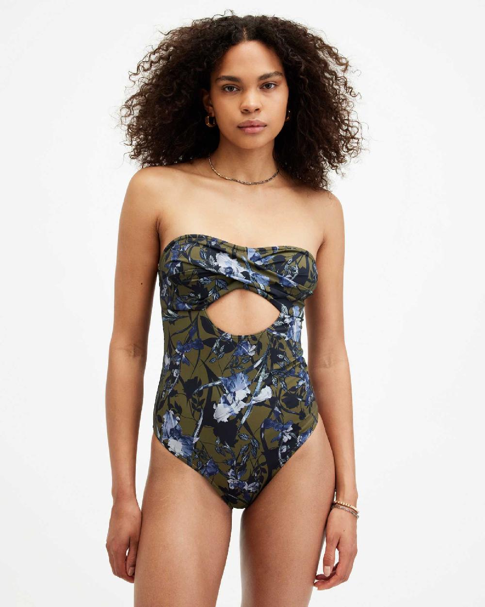All Saints Niki Floral Bandeau Cut-Out Swimsuit Batu Khaki Green