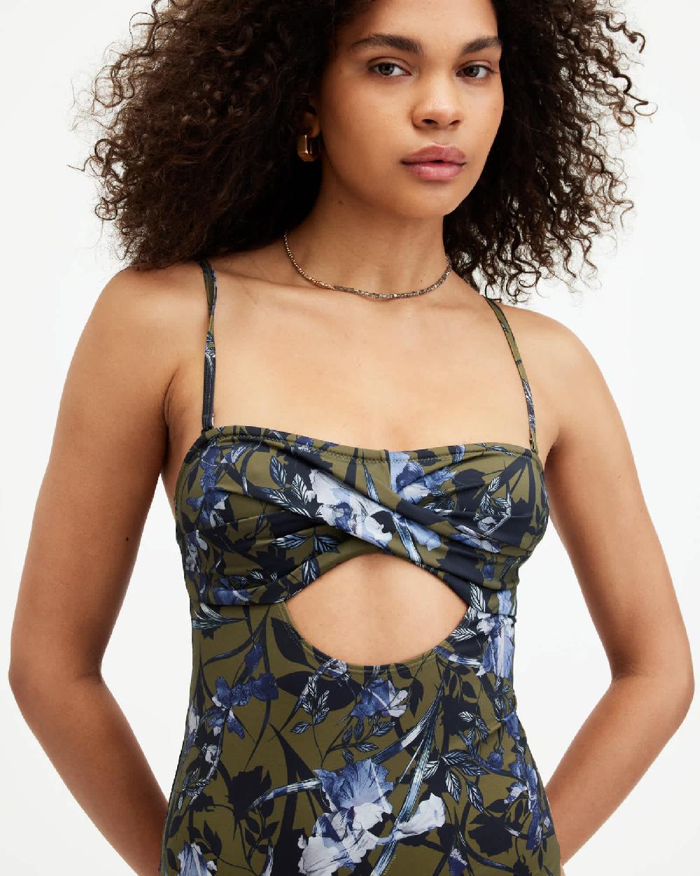 All Saints Niki Floral Bandeau Cut-Out Swimsuit Batu Khaki Green