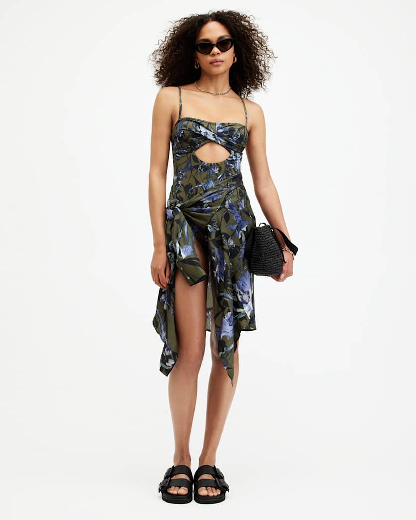 all saints Niki Floral Bandeau Cut-Out Swimsuit Batu Khaki Green
