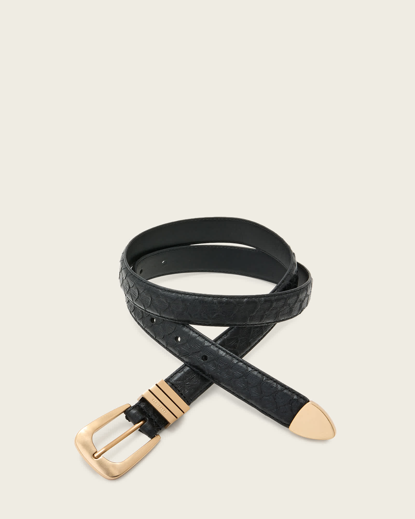All Saints Nikita Snake Effect Leather Belt BLACK/WARM BRASS