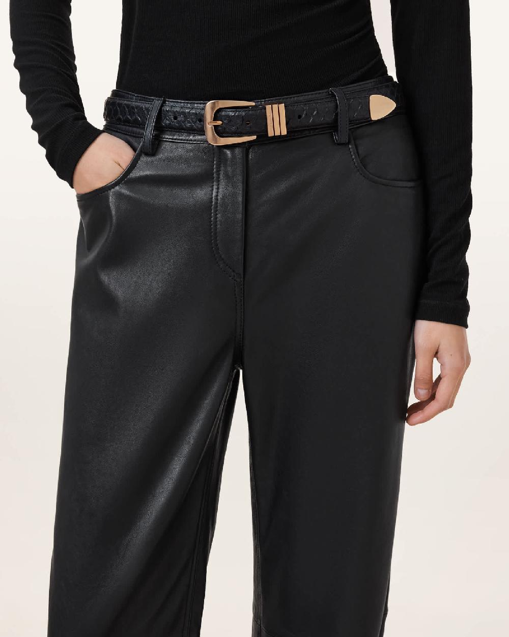 All Saints Nikita Snake Effect Leather Belt BLACK/WARM BRASS