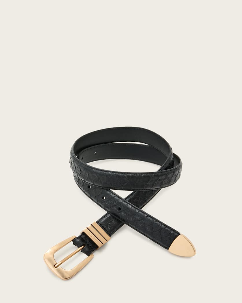 all saints Nikita Snake Effect Leather Belt BLACK/WARM BRASS