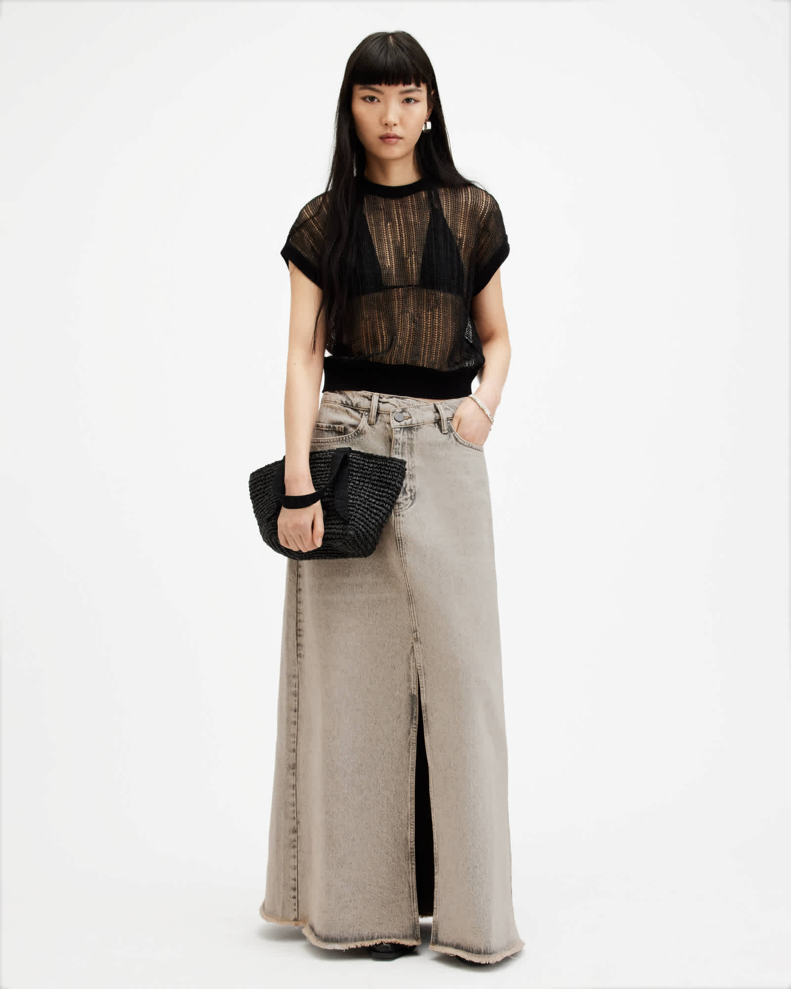 All Saints Noir Crossover Waist Denim Maxi Skirt Sand Grey