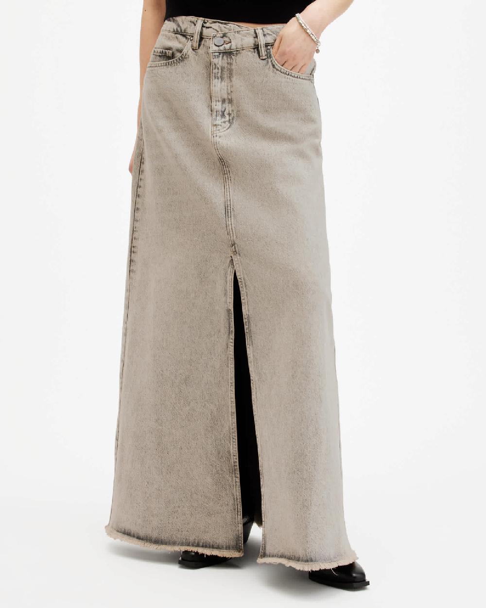 All Saints Noir Crossover Waist Denim Maxi Skirt Sand Grey