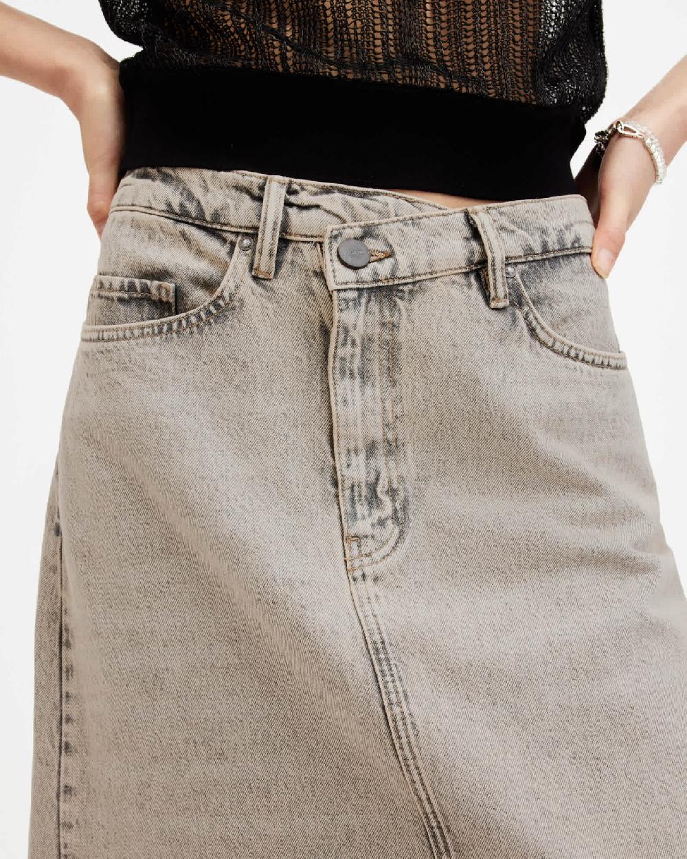 All Saints Noir Crossover Waist Denim Maxi Skirt Sand Grey