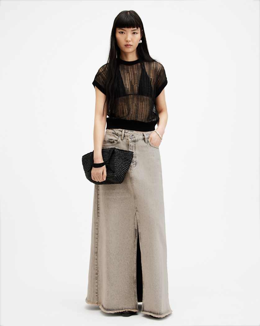 all saints Noir Crossover Waist Denim Maxi Skirt Sand Grey