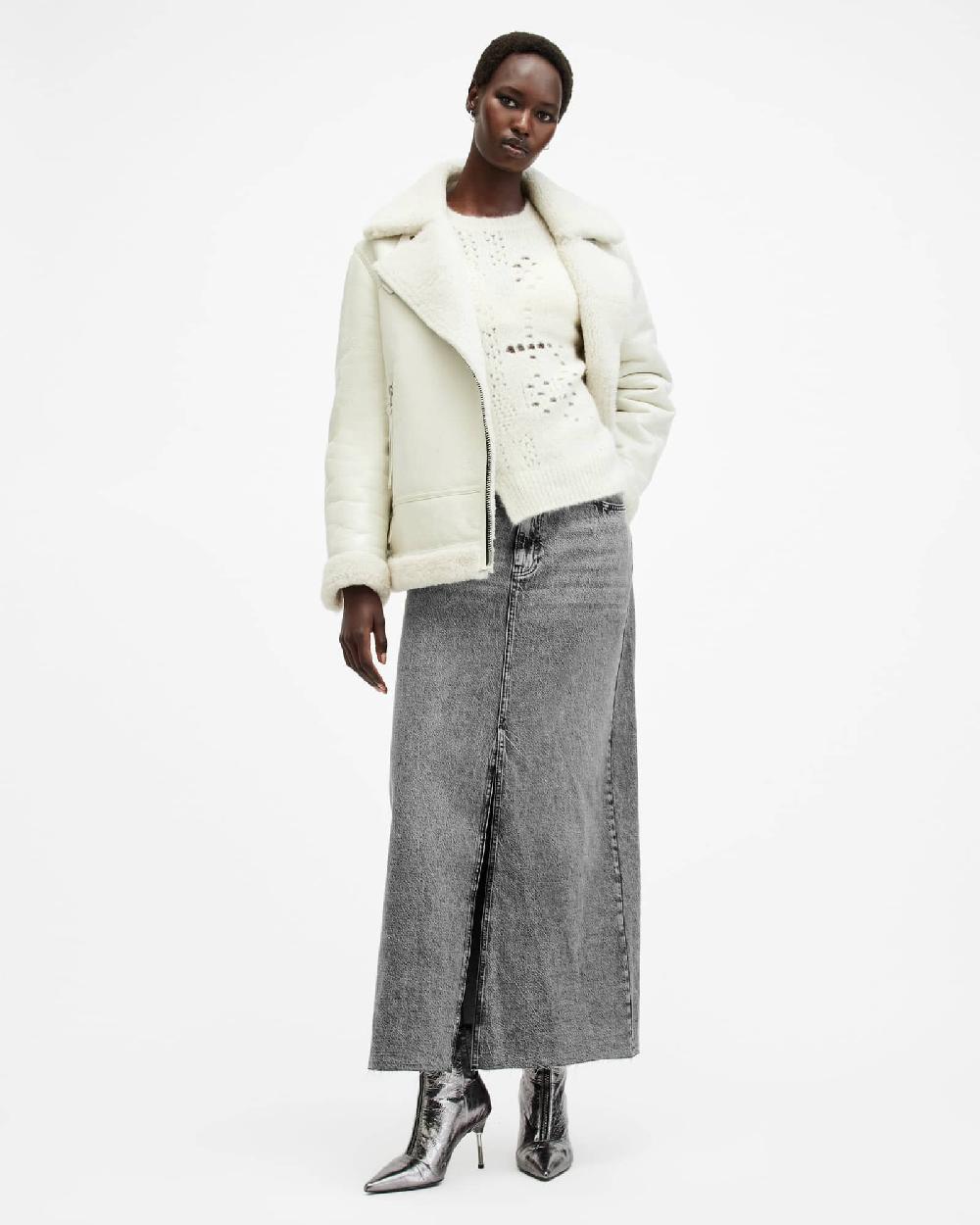 All Saints Noir Crossover Waist Denim Maxi Skirt Vintage Black