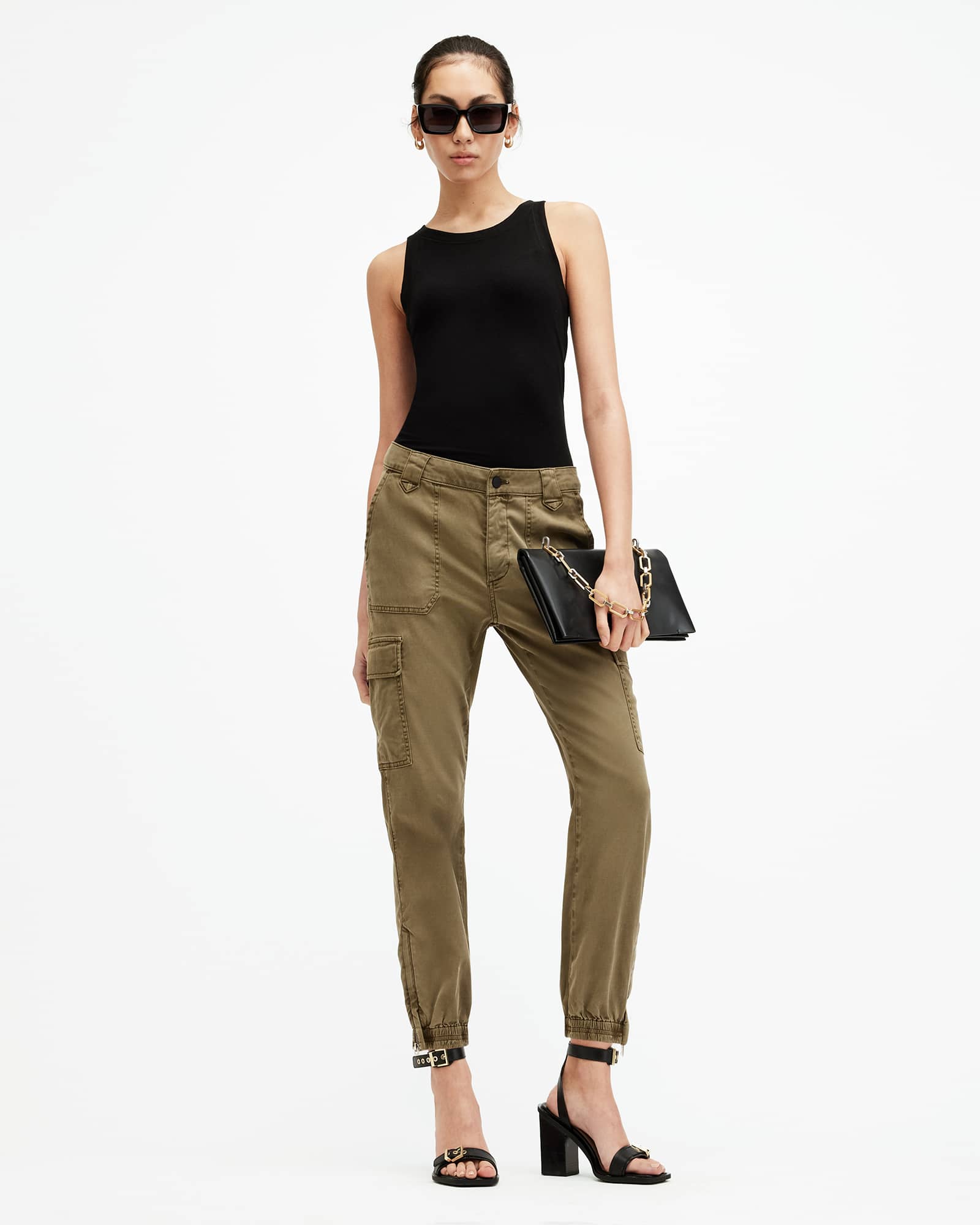 All Saints Nola High-Rise Jogger Pants Dark Khaki Green