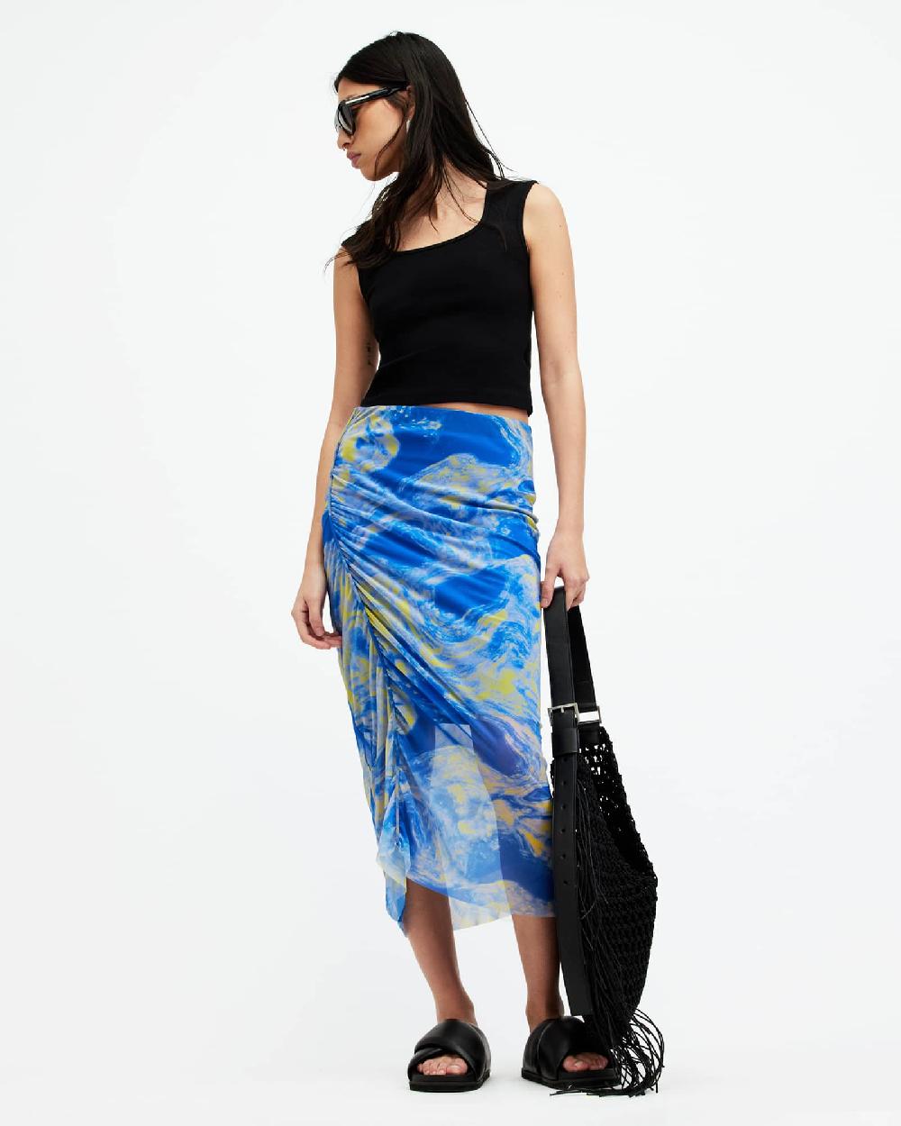 All Saints Nora Inspiral Mesh Midi Skirt Electric Blue
