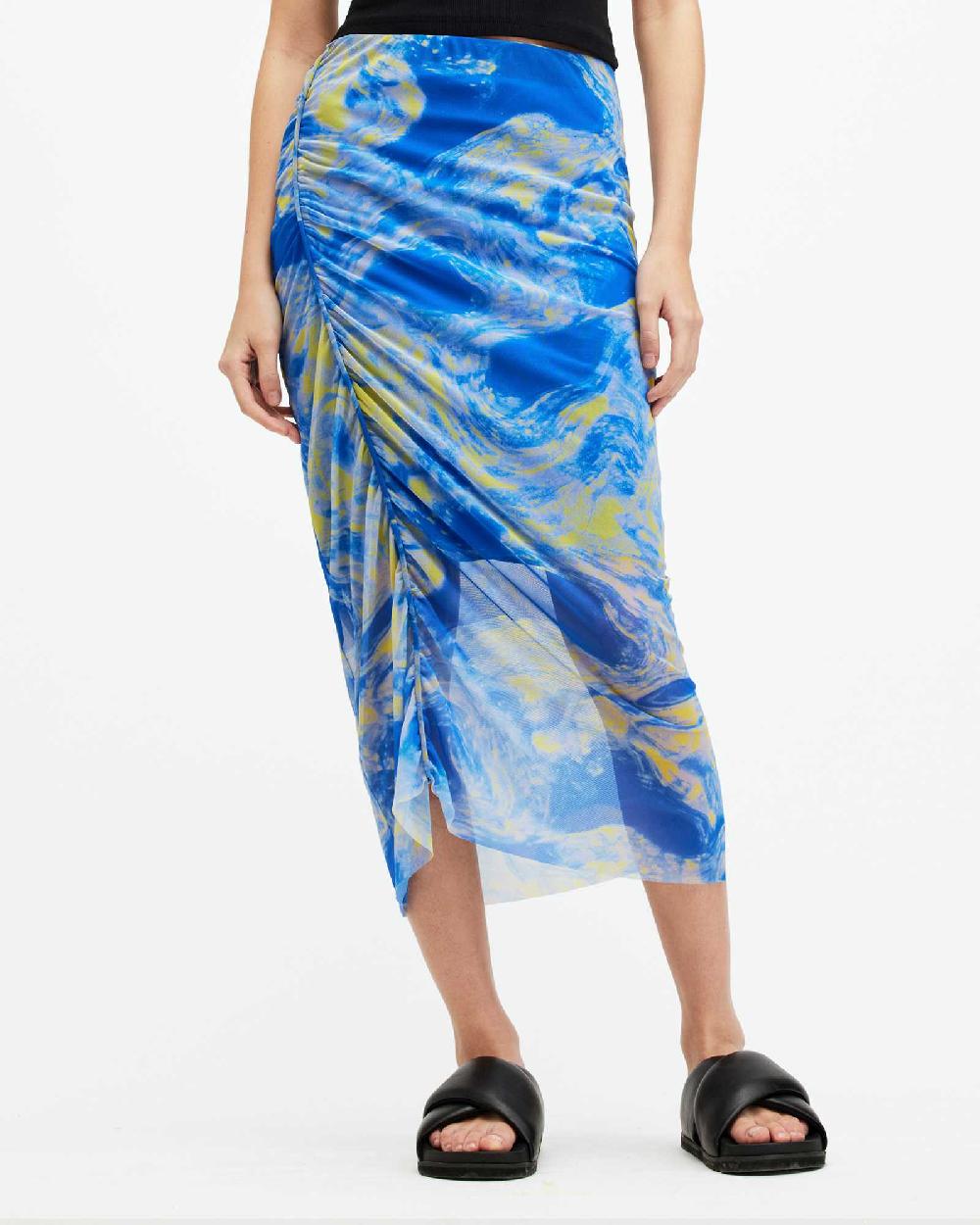 All Saints Nora Inspiral Mesh Midi Skirt Electric Blue